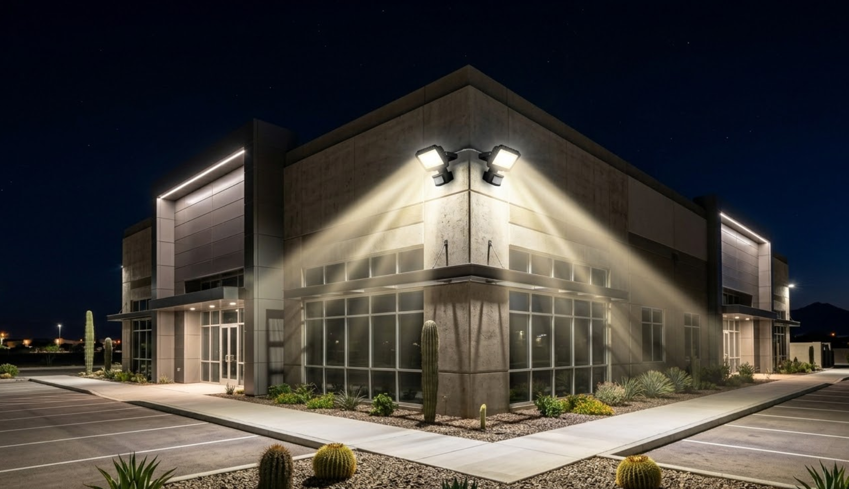 Professional exterior lighting installation on commercial building
